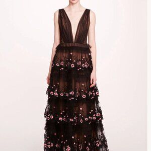 Marchesa Notte Tiered Tulle Terrarium V Neck Gown Black Pink Floral 10 NWT